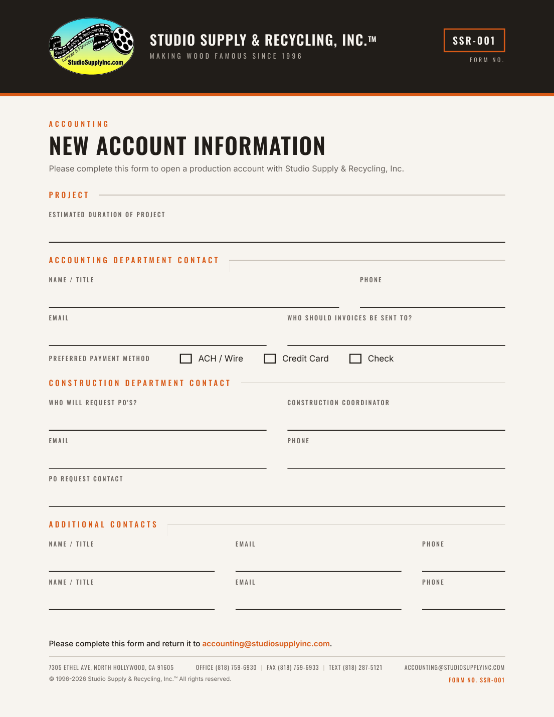 Preview of the SSR-001 New Account Information form