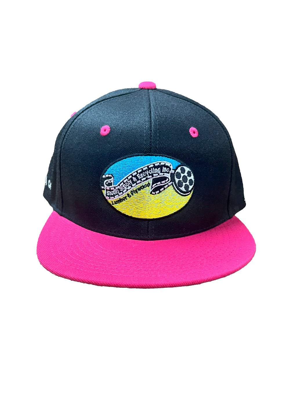Close-up of SSR® hot pink and black snapback front with Studio Supply & Recycling, Inc. patch